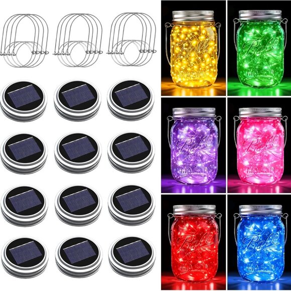 Mason Jar Solar Lights for Outside, 12 Pack 30LED Fairy Firefly Lights Mason Jar - Picture 1 of 8